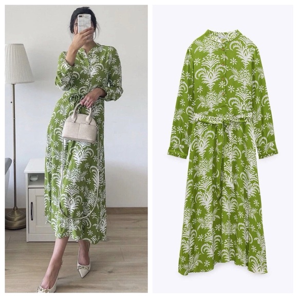 Zara Dresses & Skirts - ZARA WOMAN MIDI BELTED PRINTED DRESS FLOWY GREEN | 5216/046 | SIZE: MEDIUM
